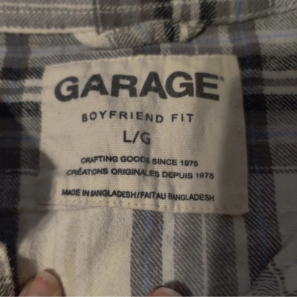 Garage Gray Cream Plaid Boyfriend Fit Button Front Flannel Shirt - Picture 3 of 6